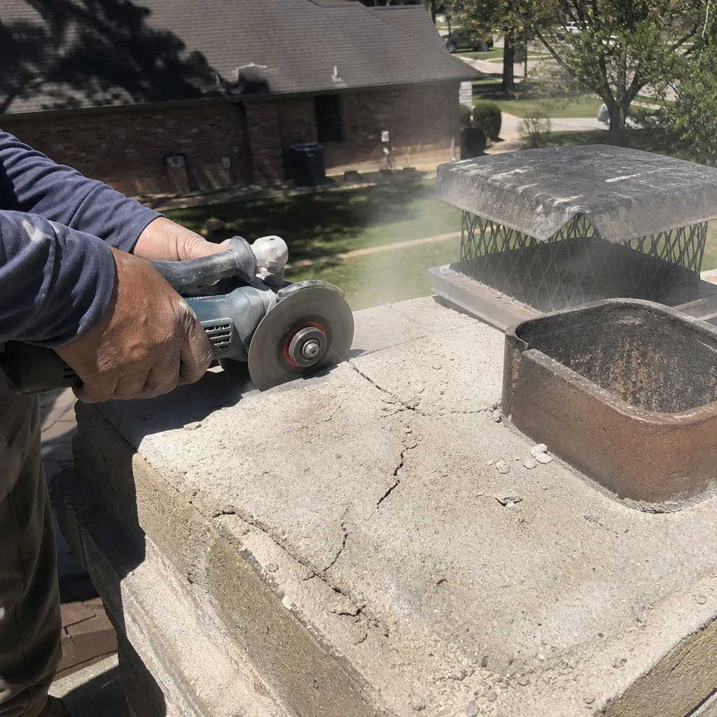 Professional performing concrete chimney crown repair using an angle grinder tool.