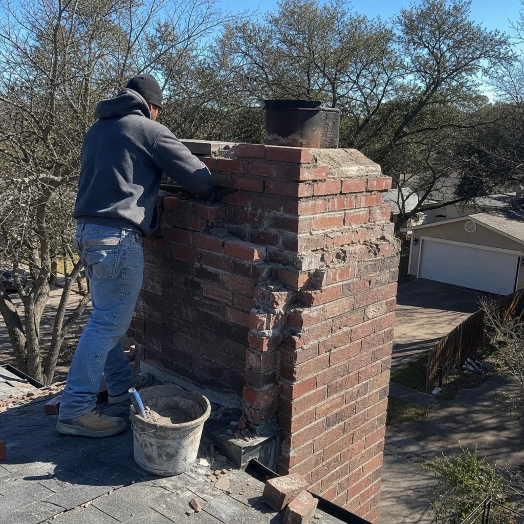 Professional technician performing masonry chimney repair work on a rooftop