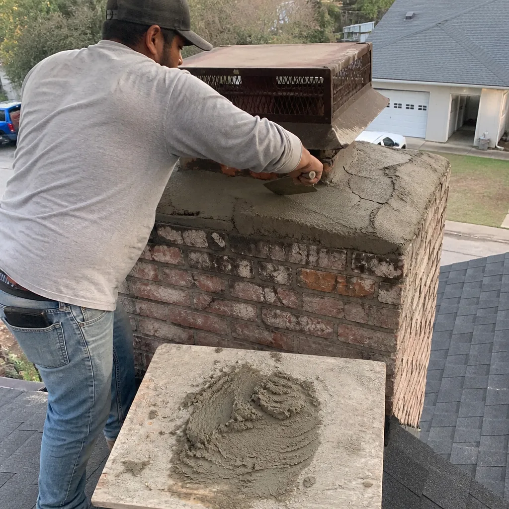 Professional technician applying mortar repair to a brick chimney crown