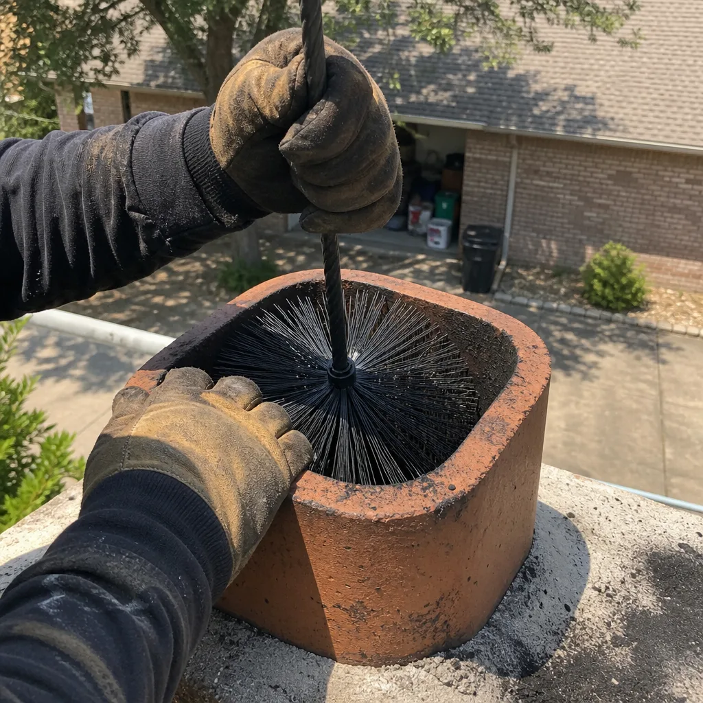 Professional chimney sweep cleaning a fireplace flue from the roof.