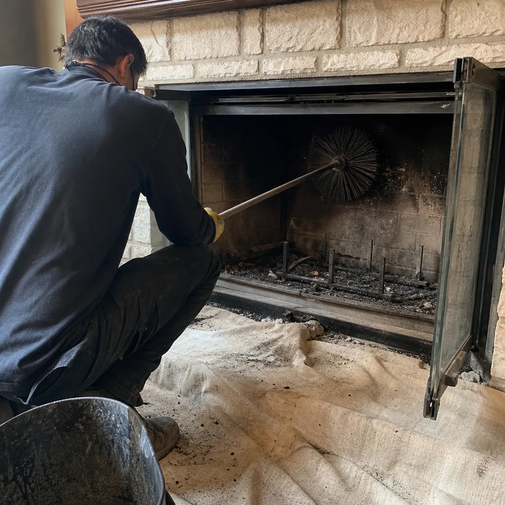Professional chimney sweep cleaning a dirty fireplace with a long brush